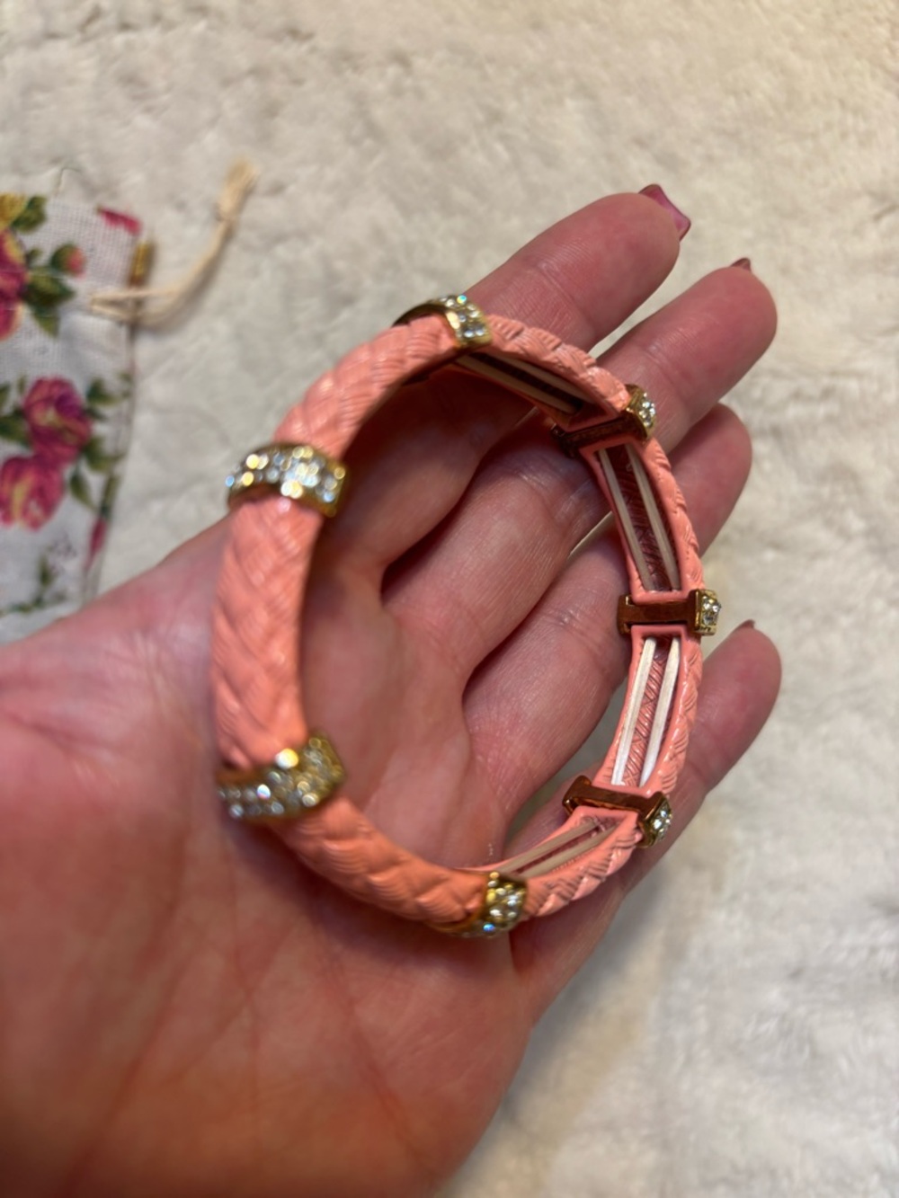 Peachy Pink Bracelet Braided design Gold-tone Ring Accents with Crystals Elastlc - Picture 5 of 8